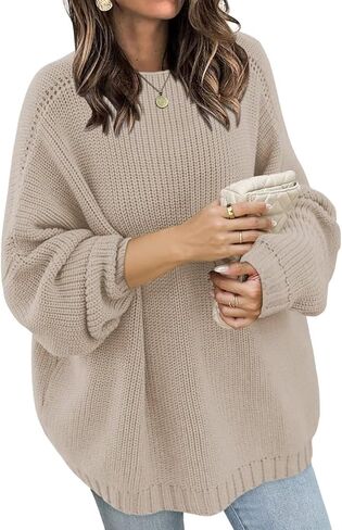 Wkior Women's Casual Sweater Loose Crewneck Knit Long Sleeve Solid Chunky Fall Pullover Sweaters Jumper Tops in Saudi Arabia