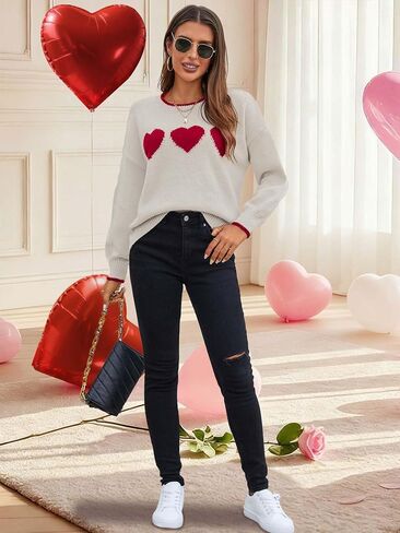 Womens Valentine Cute Heart Oversized Crew Neck Sweater Spring 2026 Dressy Casual Long Sleeve Pullover Sweaters in Saudi Arabia