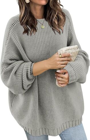 Wkior Women's Casual Sweater Loose Crewneck Knit Long Sleeve Solid Chunky Fall Pullover Sweaters Jumper Tops in Saudi Arabia