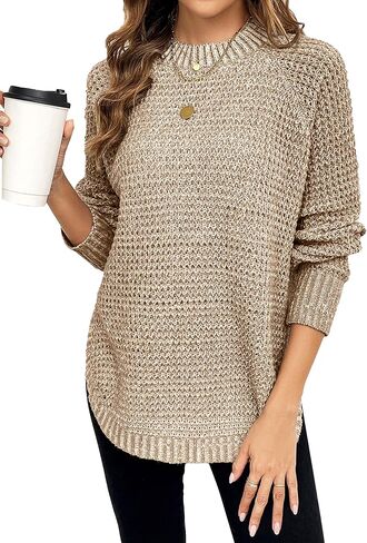 Womens Chunky Long Sweater for Women Fall Winter Spring 2025 Trendy Ladies Dressy Casual Cute Waffle Knit Crewneck Mock Neck Long Sleeve Pullover Sweaters Top Taupe XL in Kuwait