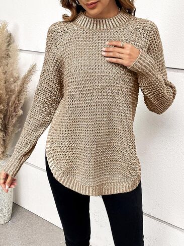 Womens Chunky Long Sweater for Women Fall Winter Spring 2025 Trendy Ladies Dressy Casual Cute Waffle Knit Crewneck Mock Neck Long Sleeve Pullover Sweaters Top Taupe XL in Kuwait