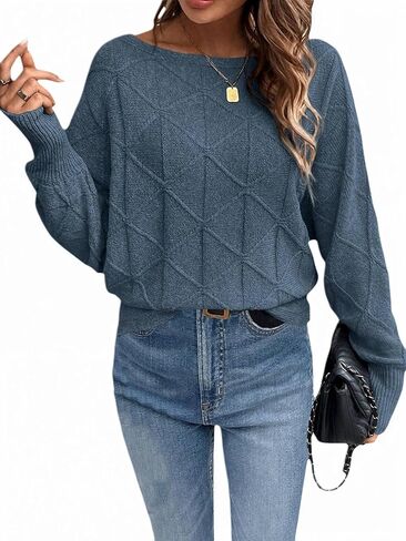 Womens Crewneck Batwing Sleeve Knitted Sweaters Solid Color Trendy Spring Casual Pullover Sweaters in Saudi Arabia