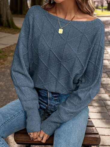 Womens Crewneck Batwing Sleeve Knitted Sweaters Solid Color Trendy Spring Casual Pullover Sweaters in Saudi Arabia