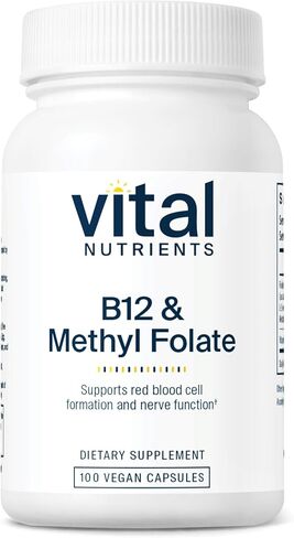 Vital Nutrients Vitamin B12 and Methyl Folate | Vegan Supplement | Support Healthy Brain Cell Function, Energy, and Metabolism of Carbs, Protein, and Fat* | Gluten, Dairy and Soy Free | 100 Capsules in Kuwait