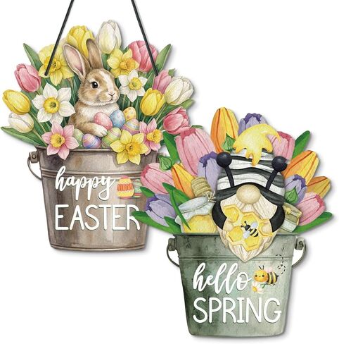 Putuo Decor Easter Door Decoration,Reversible Happy Easter & Hello Spring Floral Bucket Hanging Sign, Bunny Gnome Door Wreath for Front Door, Porch, Indoor, Outdoor, Party Supplies in Saudi Arabia