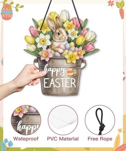 Putuo Decor Easter Door Decoration,Reversible Happy Easter & Hello Spring Floral Bucket Hanging Sign, Bunny Gnome Door Wreath for Front Door, Porch, Indoor, Outdoor, Party Supplies in Saudi Arabia