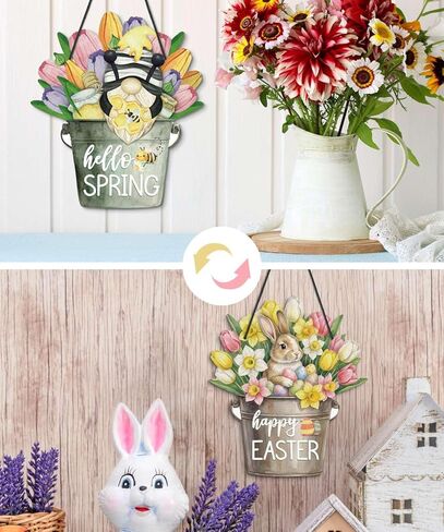 Putuo Decor Easter Door Decoration,Reversible Happy Easter & Hello Spring Floral Bucket Hanging Sign, Bunny Gnome Door Wreath for Front Door, Porch, Indoor, Outdoor, Party Supplies in Saudi Arabia