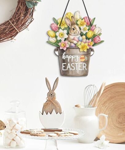 Putuo Decor Easter Door Decoration,Reversible Happy Easter & Hello Spring Floral Bucket Hanging Sign, Bunny Gnome Door Wreath for Front Door, Porch, Indoor, Outdoor, Party Supplies in Saudi Arabia