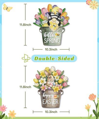 Putuo Decor Easter Door Decoration,Reversible Happy Easter & Hello Spring Floral Bucket Hanging Sign, Bunny Gnome Door Wreath for Front Door, Porch, Indoor, Outdoor, Party Supplies in Saudi Arabia