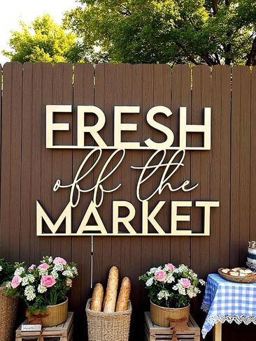 لافتة خشبية منعشة من السوق للخلفية، زينة لحفلات الزفاف لحفلات الزفاف والعزوبية وحفلات الخطوبة والمزارعين في السوق in Kuwait