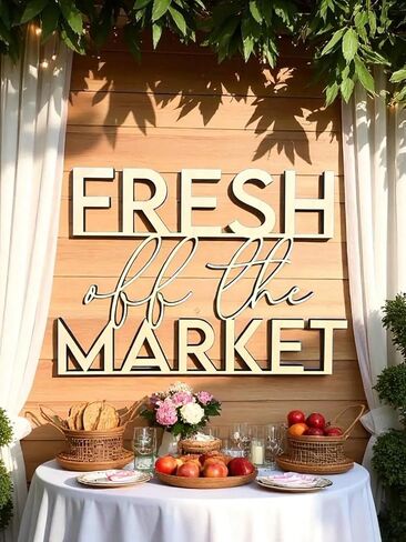 لافتة خشبية منعشة من السوق للخلفية، زينة لحفلات الزفاف لحفلات الزفاف والعزوبية وحفلات الخطوبة والمزارعين في السوق in Kuwait