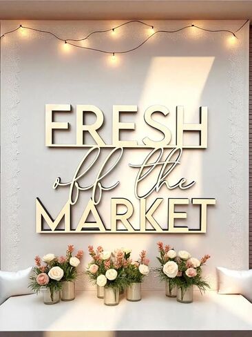 لافتة خشبية منعشة من السوق للخلفية، زينة لحفلات الزفاف لحفلات الزفاف والعزوبية وحفلات الخطوبة والمزارعين في السوق in Kuwait