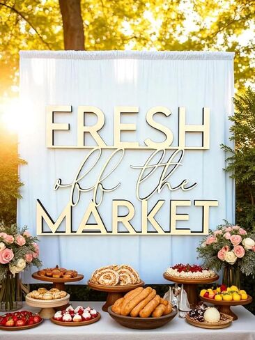 لافتة خشبية منعشة من السوق للخلفية، زينة لحفلات الزفاف لحفلات الزفاف والعزوبية وحفلات الخطوبة والمزارعين في السوق in Kuwait