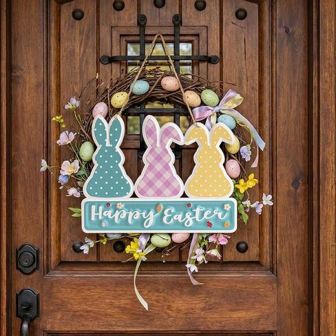 Metal Happy Easter Door Hanger Sign, Easter Bunny Wall Hanging Front Door Decor, Spring Rabbit Decorative Signage Plaque Outdoor Indoor Decorations for Home in Kuwait