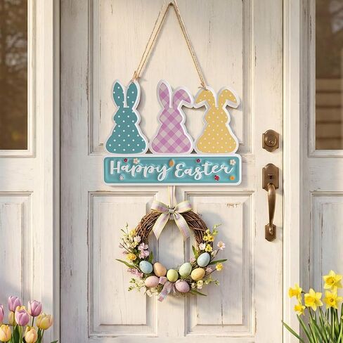 Metal Happy Easter Door Hanger Sign, Easter Bunny Wall Hanging Front Door Decor, Spring Rabbit Decorative Signage Plaque Outdoor Indoor Decorations for Home in Kuwait