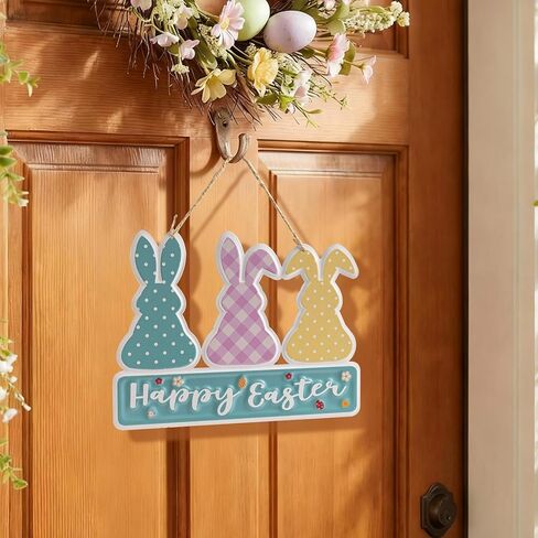 Metal Happy Easter Door Hanger Sign, Easter Bunny Wall Hanging Front Door Decor, Spring Rabbit Decorative Signage Plaque Outdoor Indoor Decorations for Home in Kuwait