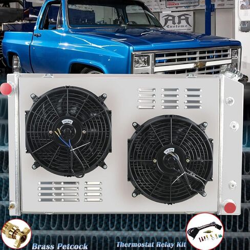 مشعاع ألومنيوم 4 صف مع مجموعة تتابع مروحة الكفن لـ 1973-1991 Chevy GMC C10 C20 C30 K10 K30 C1500 C2500 C3500 Jimmy Blazer Truck Pickup Suburban مشعات CC716 in Kuwait