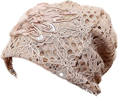 Queenbox Womens Lace Flower Beanie Hat Cap Turban Beige in Saudi Arabia