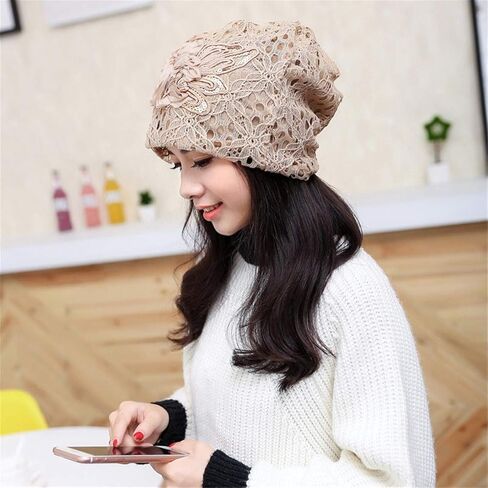 Queenbox Womens Lace Flower Beanie Hat Cap Turban Beige in Saudi Arabia