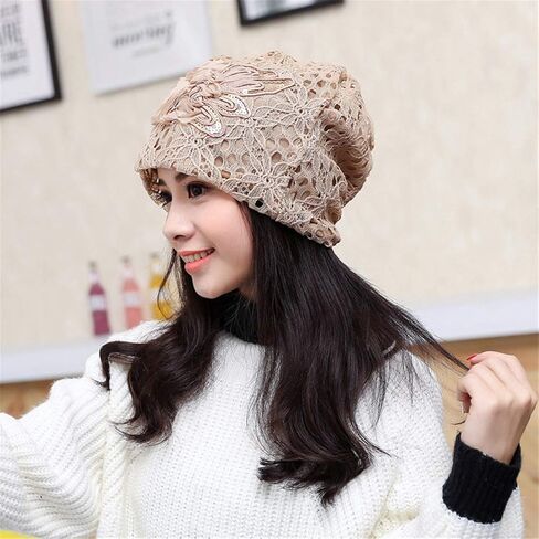 Queenbox Womens Lace Flower Beanie Hat Cap Turban Beige in Saudi Arabia