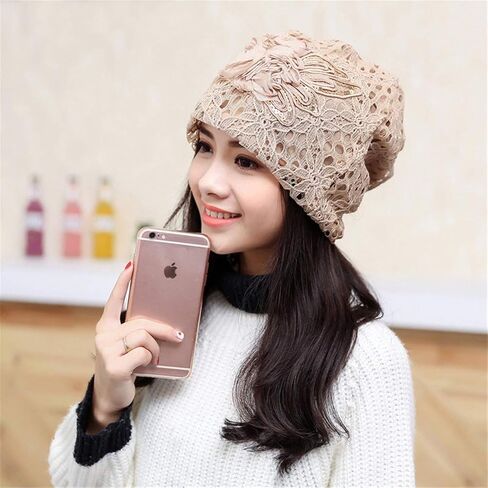 Queenbox Womens Lace Flower Beanie Hat Cap Turban Beige in Saudi Arabia