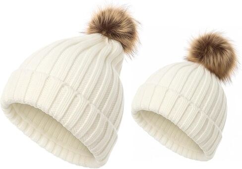 2 Pcs Parent-Child Knitted Beanie Hat Mother Baby Winter Hat with Pom Family Matching Warmer Knit Beanie Ski Cap in Kuwait
