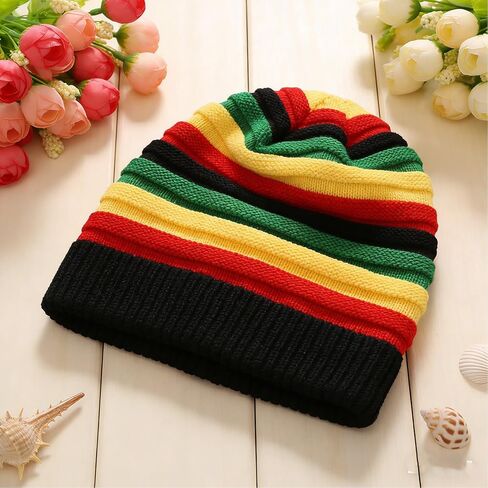 قبعة صغيرة على الطراز الجامايكي للجنسين، قبعة ريغي عصرية، قبعة صغيرة فضفاضة مخططة متعددة الألوان، قبعة محبوكة فضفاضة بألوان الراستا، مثالية لمهرجانات الريغي in Kuwait