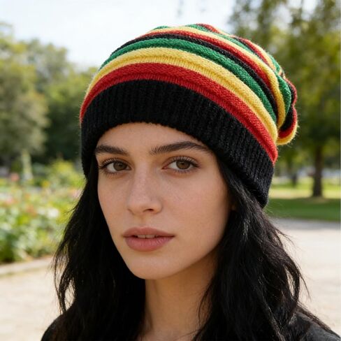 قبعة صغيرة على الطراز الجامايكي للجنسين، قبعة ريغي عصرية، قبعة صغيرة فضفاضة مخططة متعددة الألوان، قبعة محبوكة فضفاضة بألوان الراستا، مثالية لمهرجانات الريغي in Kuwait
