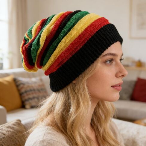 قبعة صغيرة على الطراز الجامايكي للجنسين، قبعة ريغي عصرية، قبعة صغيرة فضفاضة مخططة متعددة الألوان، قبعة محبوكة فضفاضة بألوان الراستا، مثالية لمهرجانات الريغي in Kuwait