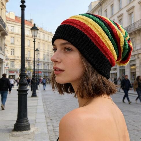 قبعة صغيرة على الطراز الجامايكي للجنسين، قبعة ريغي عصرية، قبعة صغيرة فضفاضة مخططة متعددة الألوان، قبعة محبوكة فضفاضة بألوان الراستا، مثالية لمهرجانات الريغي in Kuwait