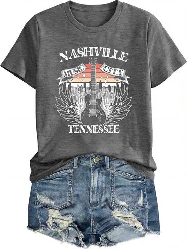 المرأة روك باند تي شيرت خمر موسيقى الريف قمصان ناشفيل الموسيقى مدينة التي شيرت الغيتار النسر أجنحة الجرافيك المحملة القمم in Kuwait