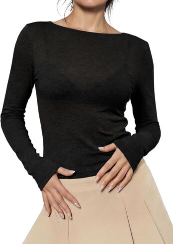 EVALESS Long Sleeve Shirts for Women 2026 Casual Light Sheer Knit Tops Spring Boat Neck Tops Wool Blend Slim Fit T Shirts in Saudi Arabia