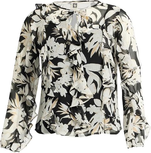 Anne Klein Women's Women's Long Sleeve Ruffle Front Printed Top in Kuwait