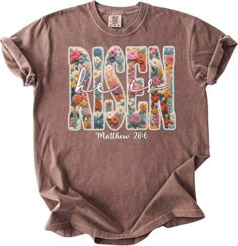 Comfort Colors He is Risen Christian T-Shirt Floral Matthew 28:6 Easter Faith Tee Espresso in Kuwait