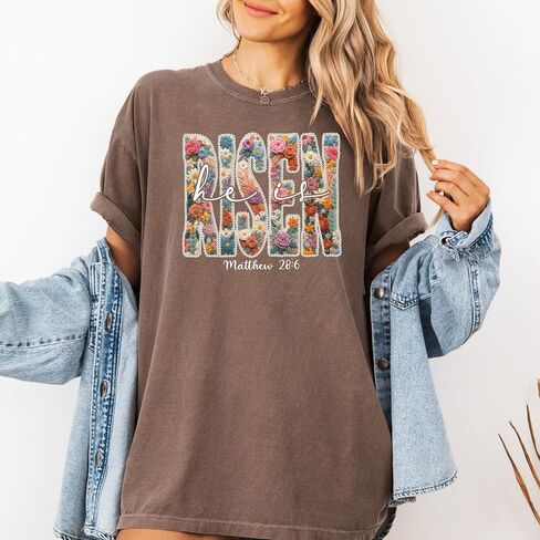 Comfort Colors He is Risen Christian T-Shirt Floral Matthew 28:6 Easter Faith Tee Espresso in Kuwait