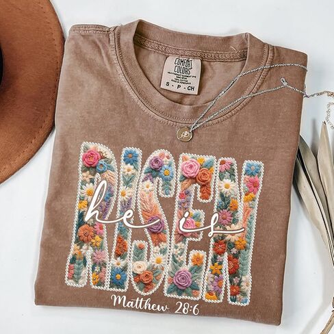 Comfort Colors He is Risen Christian T-Shirt Floral Matthew 28:6 Easter Faith Tee Espresso in Kuwait