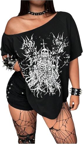 تي شيرت نسائي مقاس كبير على شكل جمجمة قبالة الكتف تي شيرت كبير الحجم من الجرونج بانك قميص قوطي بأكمام قصيرة للخروج in Kuwait