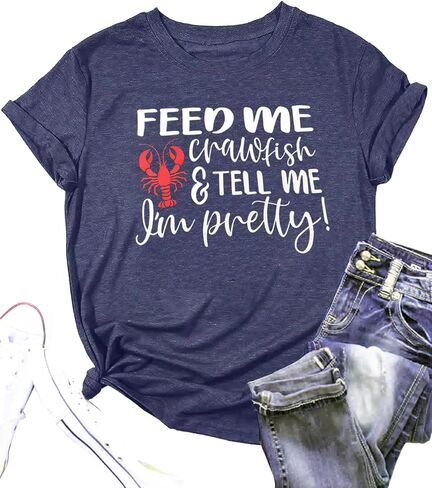 Women Crawfish Shirt Feed Me Crawfish Tell me I'm Pretty Seafood Boil Tshirt Louisiana Carnival Short Sleeve Tops in Kuwait
