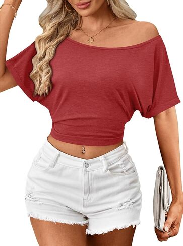 LilyCoco Womens Off The Shoulder Short Sleeve Tops Backless Top Cropped T Shirt in Saudi Arabia