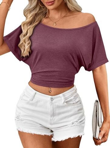 LilyCoco Womens Off The Shoulder Short Sleeve Tops Backless Top Cropped T Shirt in Saudi Arabia