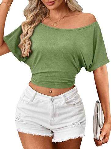 LilyCoco Womens Off The Shoulder Short Sleeve Tops Backless Top Cropped T Shirt in Saudi Arabia