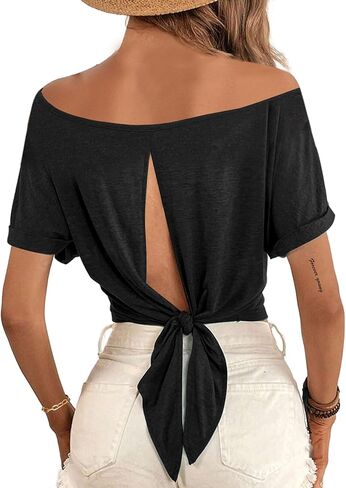LilyCoco Womens Off The Shoulder Short Sleeve Tops Backless Top Cropped T Shirt in Saudi Arabia