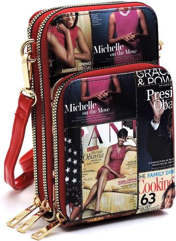 Amy & Joey Magazine Cover Collage Michelle Obama Printed Crossbody Bag Cellphone Purse Wallet (MULTI/RD) in Saudi Arabia