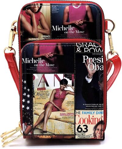 Amy & Joey Magazine Cover Collage Michelle Obama Printed Crossbody Bag Cellphone Purse Wallet (MULTI/RD) in Saudi Arabia