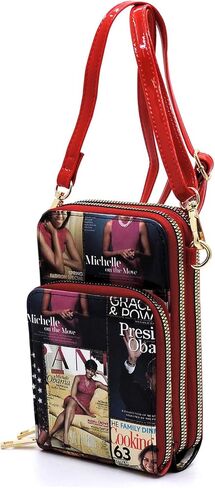 Amy & Joey Magazine Cover Collage Michelle Obama Printed Crossbody Bag Cellphone Purse Wallet (MULTI/RD) in Saudi Arabia