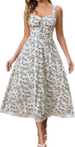 Womens Floral Summer Midi Dress Lace Flowy A Line Sundress Wedding Guest for Women Corset Dresses in Saudi Arabia