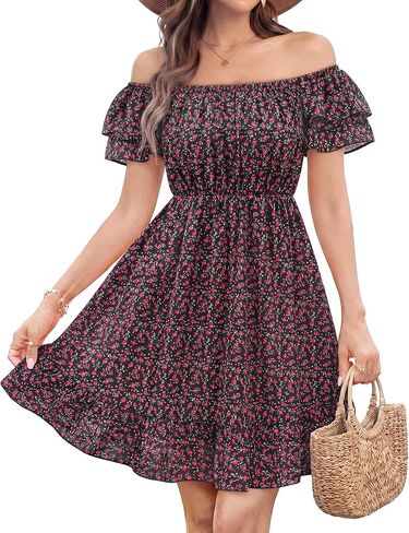 Womens Off The Shoulder Floral Short Dress Casual Summer Flowy Boho Dresses for Beach Vacation in Saudi Arabia