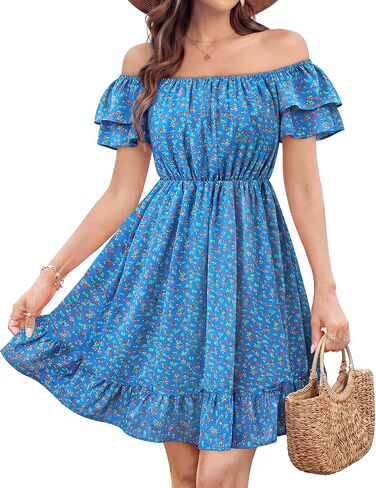 Womens Off The Shoulder Floral Short Dress Casual Summer Flowy Boho Dresses for Beach Vacation in Saudi Arabia