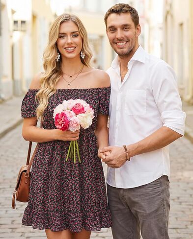 Womens Off The Shoulder Floral Short Dress Casual Summer Flowy Boho Dresses for Beach Vacation in Saudi Arabia