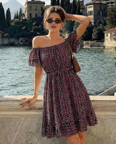 Womens Off The Shoulder Floral Short Dress Casual Summer Flowy Boho Dresses for Beach Vacation in Saudi Arabia